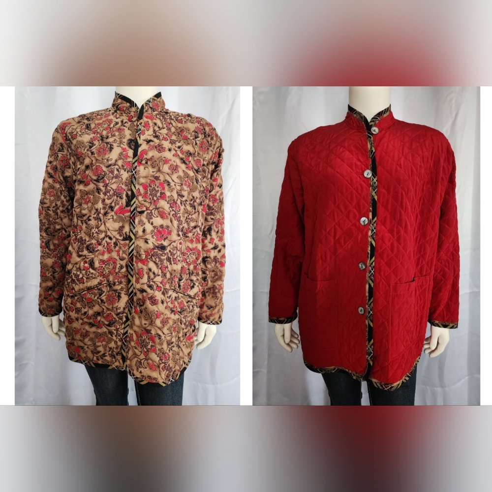 NWT Koos Of Course QVC Silk Revirsible Button Down Jacket Red Brown Floral - 1x
